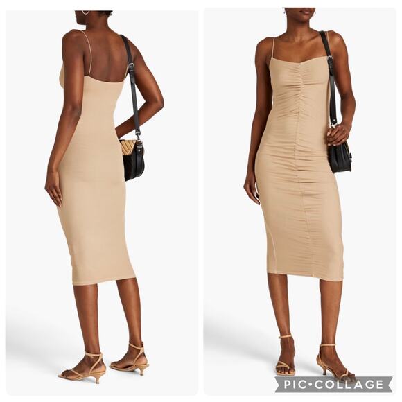 Enza Costa Dresses & Skirts - ENZA COSTA Strappy 90's Model Ruched Ribbed Cream Stretch Midi-Dress Size Large